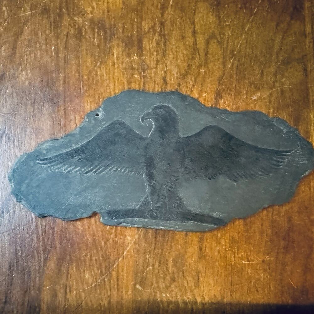 Vintage 1974 Hand Carved Slate Eagle Wall Plaque Signed Edith F. Garcia Folk Art